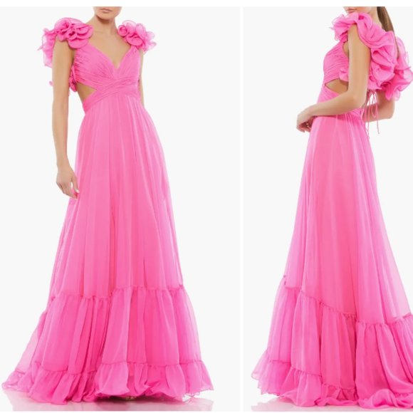 MAC DUGGAL 67911 RUFFLED TIERED CUTOUT CHIFFON STRAPPY BACK HOT PINK GOWN sz 14 - Picture 3 of 4